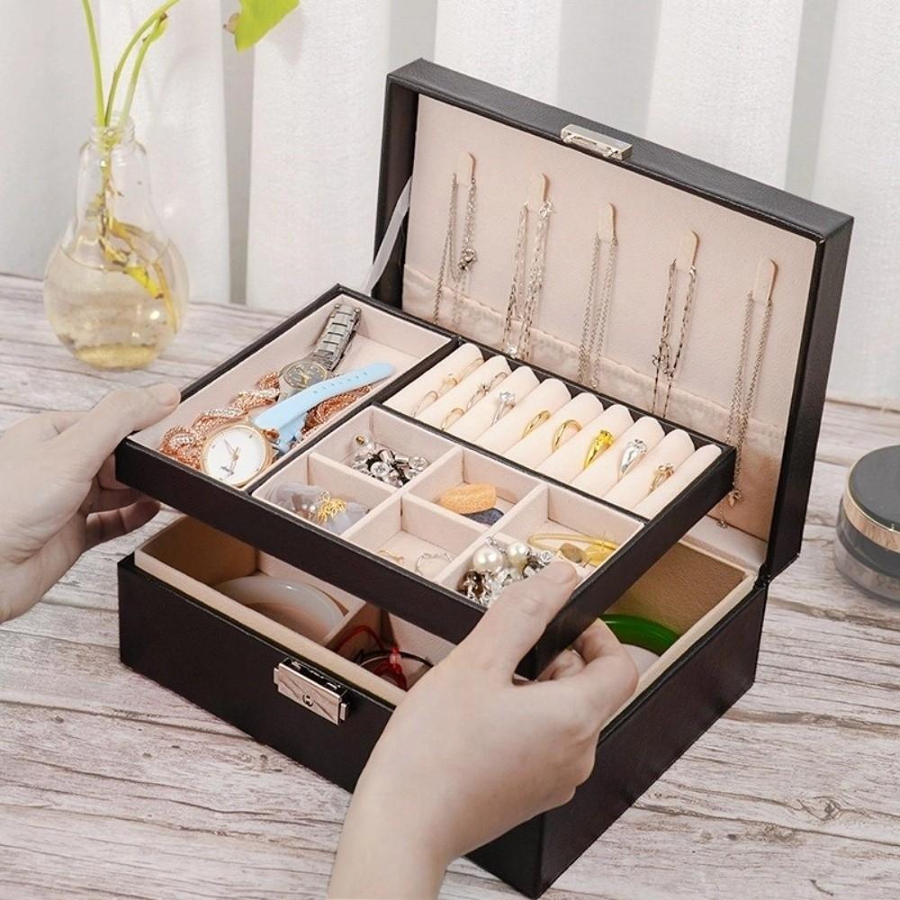 2 Layer Leather Jewelry Organizer with Lock Jewelry Display Case  for Necklace Rings Earrings