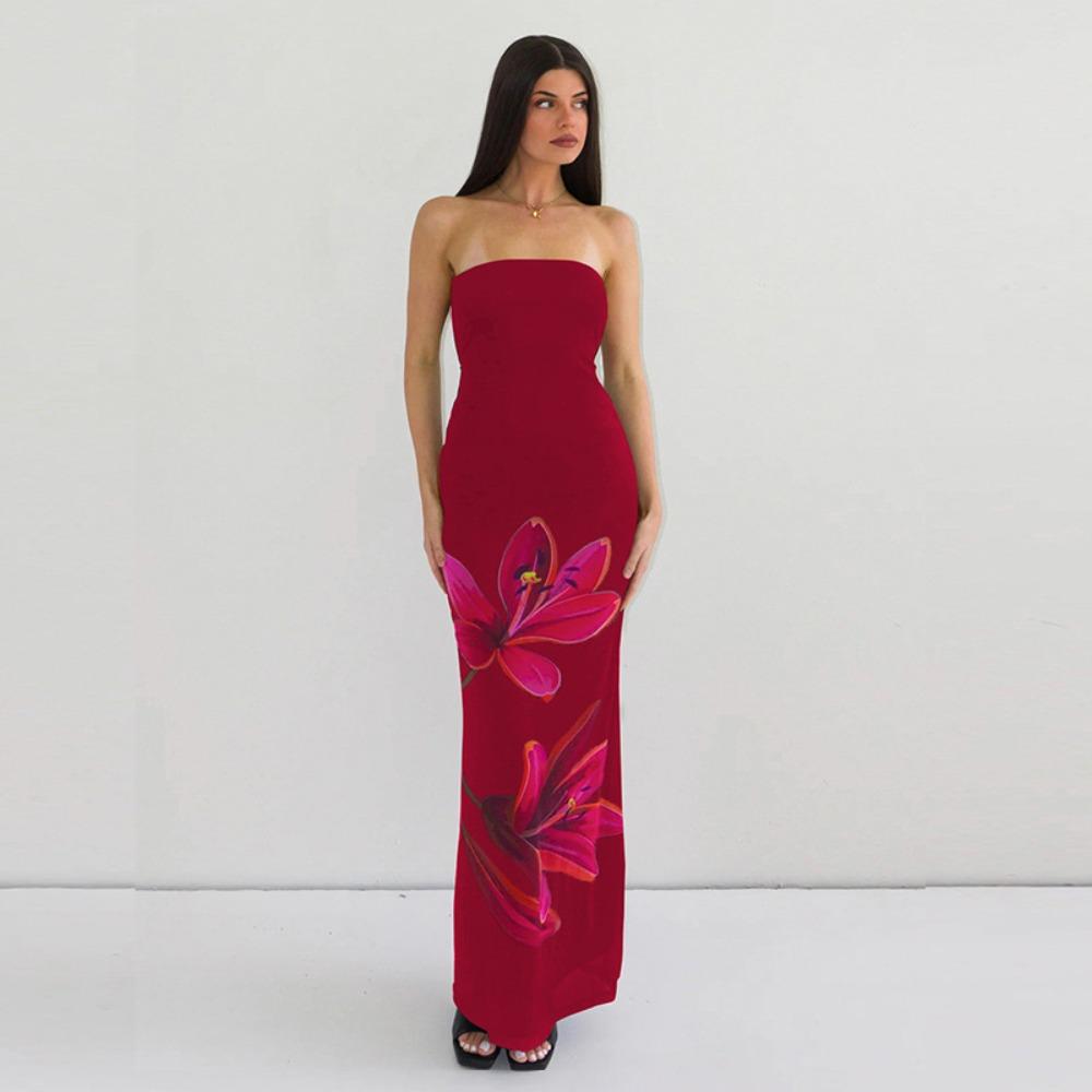Damen trägerloses ärmelloses Maxikleid schmale Passform mittlere Leibhöhe sexy Blumenprint Meerjungfrauenkleid