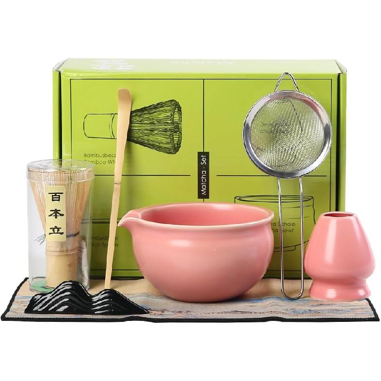 Matcha Set, 7 Pieces, Matcha Bowl with Spout, Whisk, Holder, Bamboo Scoop, Stainless Steel Sifter