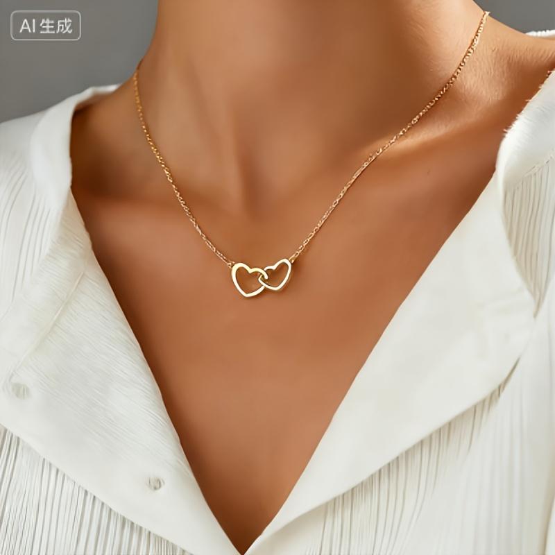 

Golden Double Ring Heart Necklace Easy Elegant for Casual Wear Party Fashionable Women Jewelry Gift золотистый