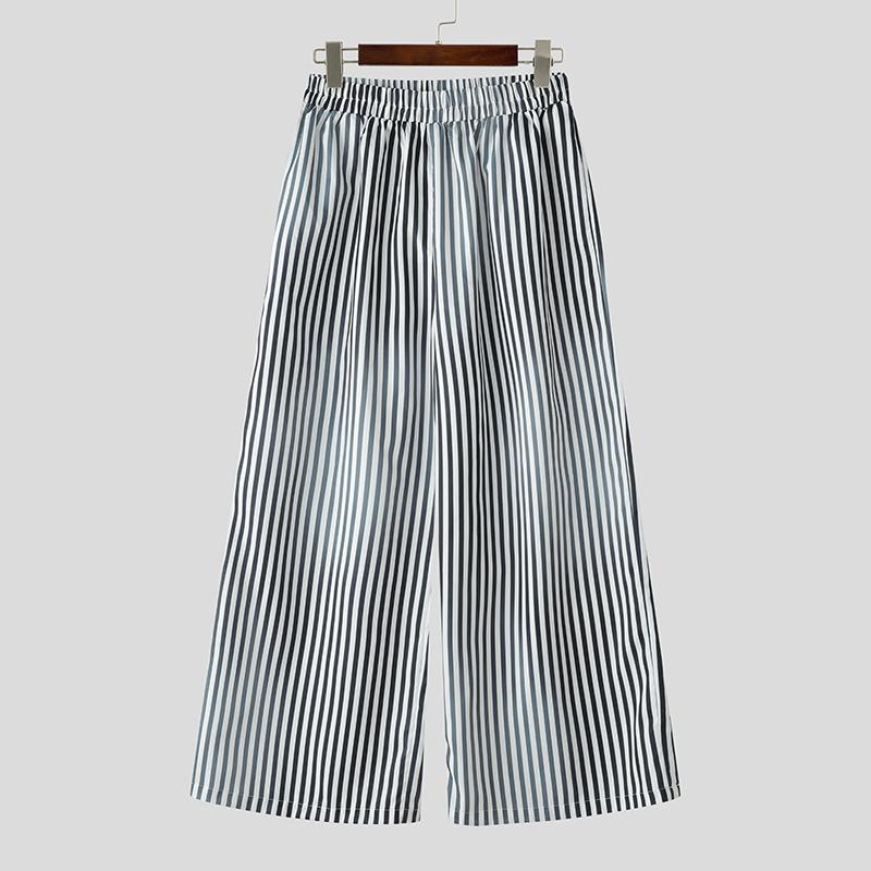 

INCERUN мужские эластичные талии полосатый принт повседневные свободные длинные широкие брюки брюки S чёрный