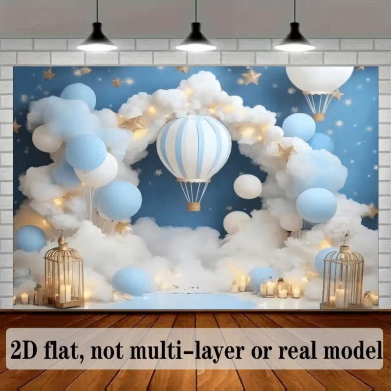 

2D Boy Birthday Backdrop, Hot Air Balloon and Clouds Photography Background 47.2x31.5inch/120*80cm