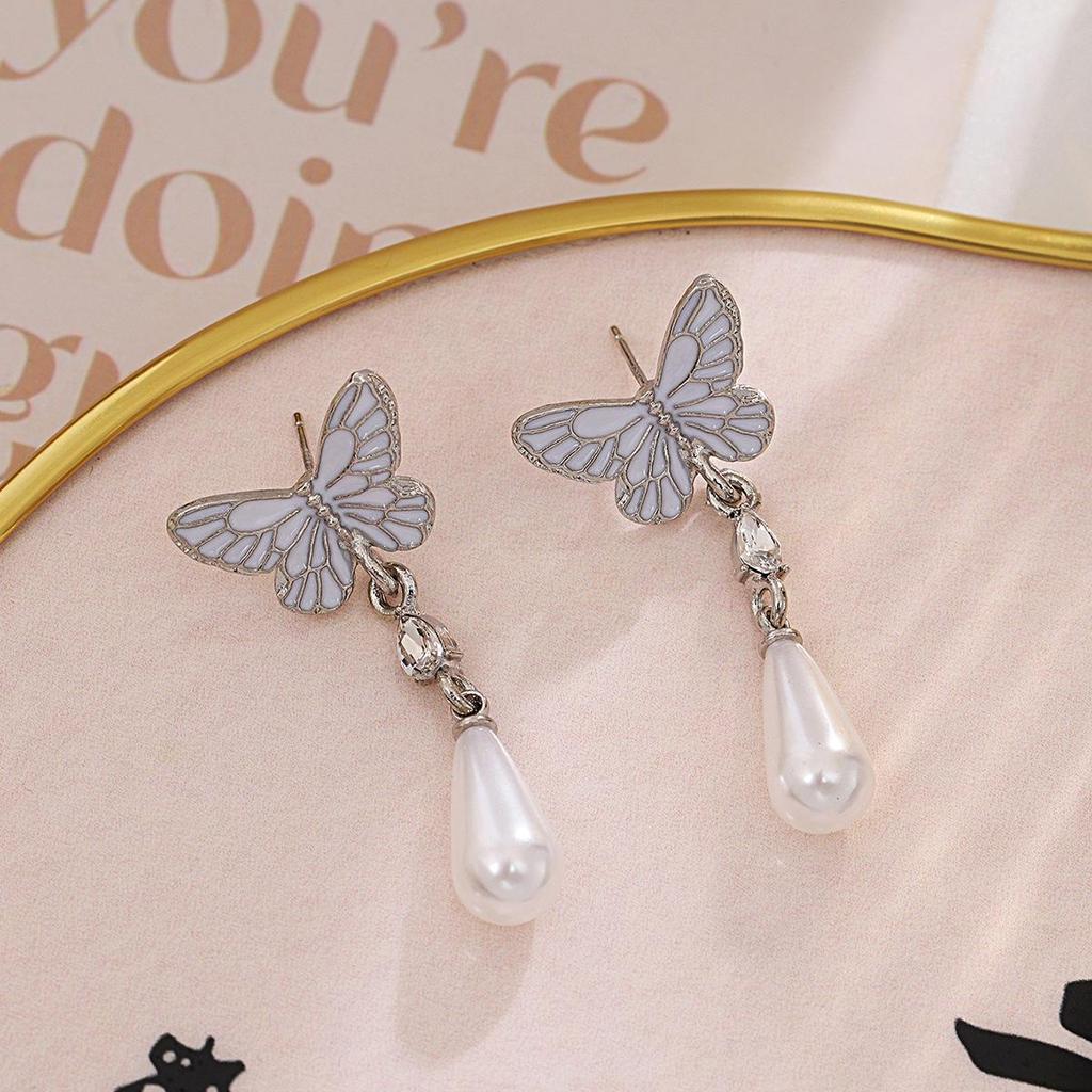 French Retro Silver Needle Butterfly Earrings with Drip Oil Inlay and Pearl Drop