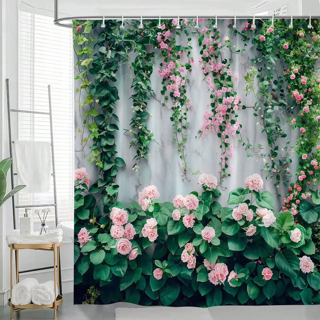 Outdoor Garden Shower Curtain Garden Landscape Ivy Pink Flowers Green Leaves Vine Green Plants Fabric Printing Modern Simple
