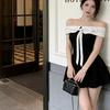 Pure desire wind and wind splicing contrasting color one-word shoulder dress women's summer small man bow off shoulder waist A-word skirt short