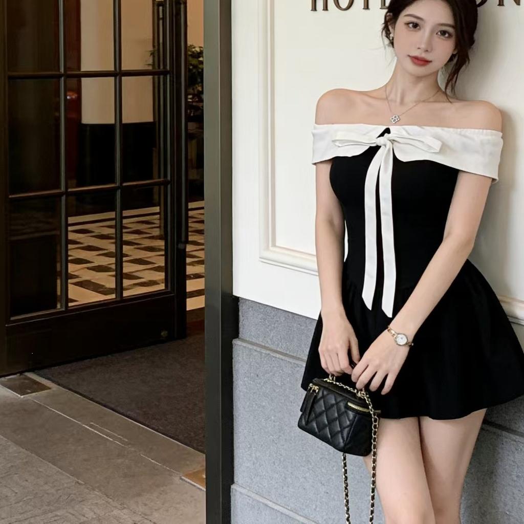 Pure desire wind and wind splicing contrasting color one-word shoulder dress women's summer small man bow off shoulder waist A-word skirt short
