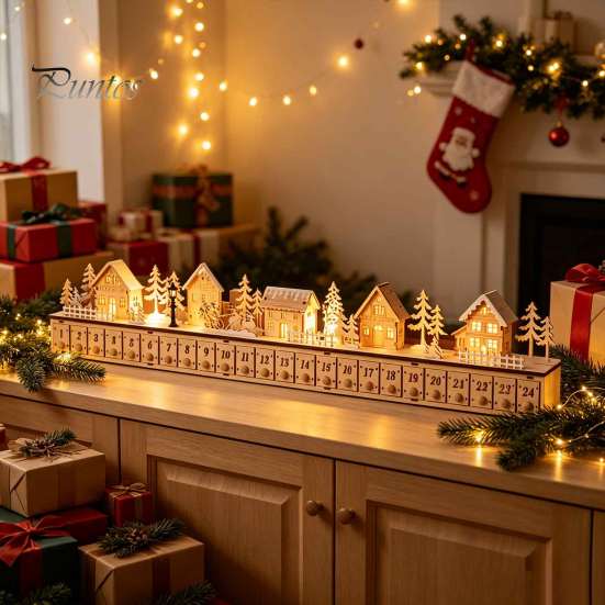Holiday Countdown Calendar with Drawers Light-Up Wooden Christmas Village Advent Calendar, 24 Illuminated Snowy Cabin Display LED Lighted Scene