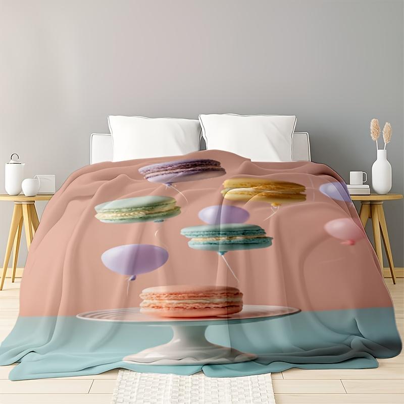 Macaron balloon cake pattern Flannel printed blanket suitable for all seasons suitable for living room office sofa and travel