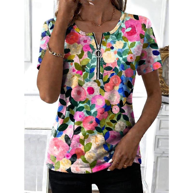 Women's T Shirt Quarter Zip Floral Graphic Plants Tropical Hawaiian Stylish Short Sleeve Crew Neck Regular Tops