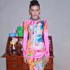 Women's Autumn and Winter Printed Long Sleeve Standing Collar Midi Dresses