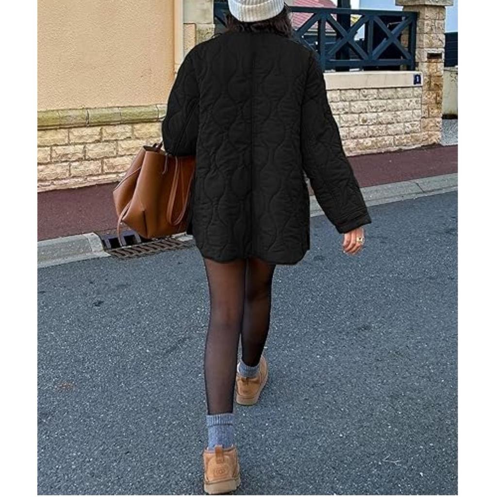 2025 Autumn Winter New European American Style Quilted Simple Solid Color Round Neck Loose Cotton Coat Outerwear