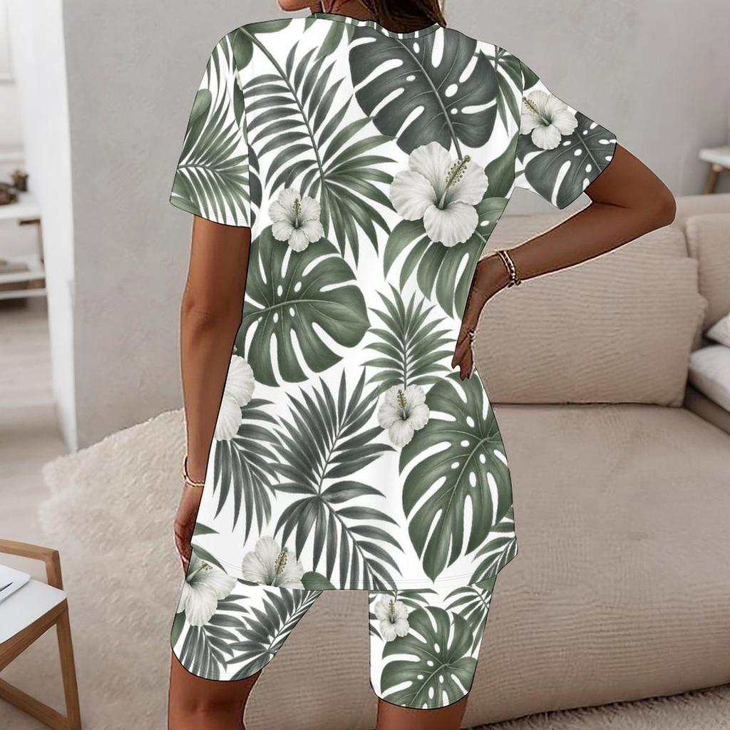 Women Plus Size Round Neck Short Sleeve Black Gold Leaf Printed Longline Top Fitted Shorts Two Piece Set