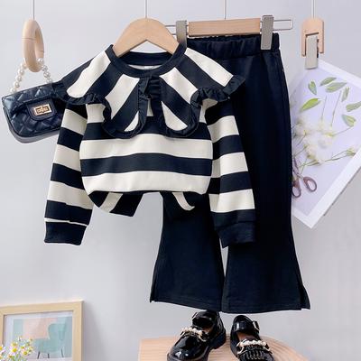 Girls' Long Sleeve Set Autumn and Winter  Girls' Large Lapel Pleated Stripe Top+Bell-bottoms Two Piece Girls' Set