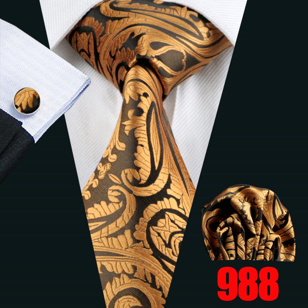 Hi-Tie Mens Golden Silk Tie Business Wedding Necktie Hanky Cufflinks