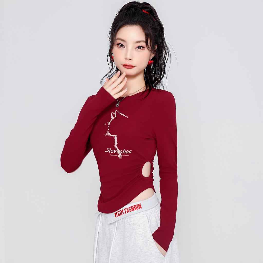 Autumn new side hollow design sweet and cool spicy girl print exposed navel long sleeved T-shirt