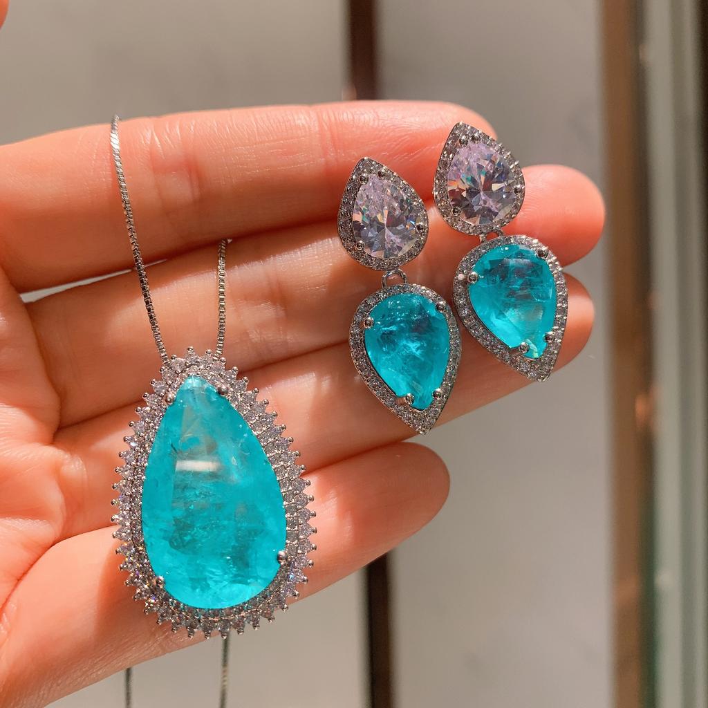 Jewelry Sky Blue Simulation Paraiba Large Water Drop Jewelry Set Stud Earrings 10 * 14 Pendant 15 * 25