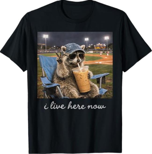 Funny Raccoon Ballfield Baseball Field I Live Here Now Black T-Shirt S разноцветный