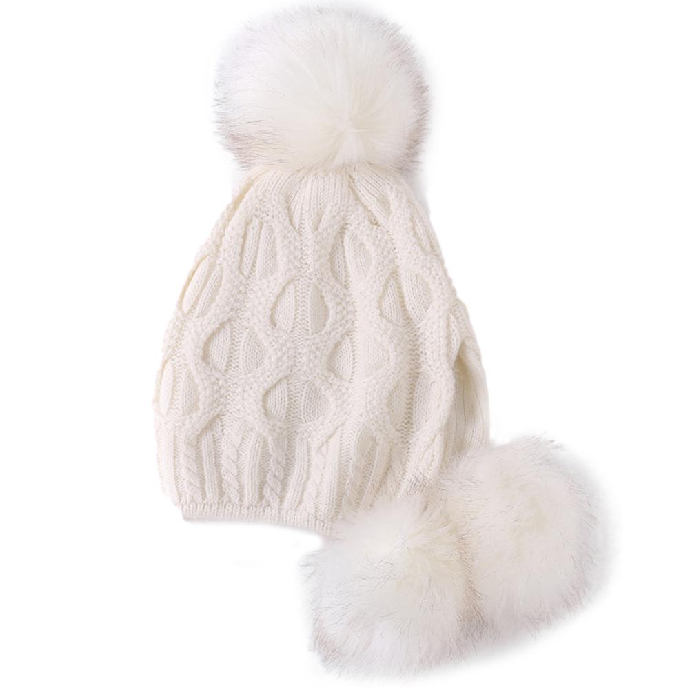 Women Knitted Cap Warm Woolen Hat with Plush Fuzzy Balls for Autumn Winter