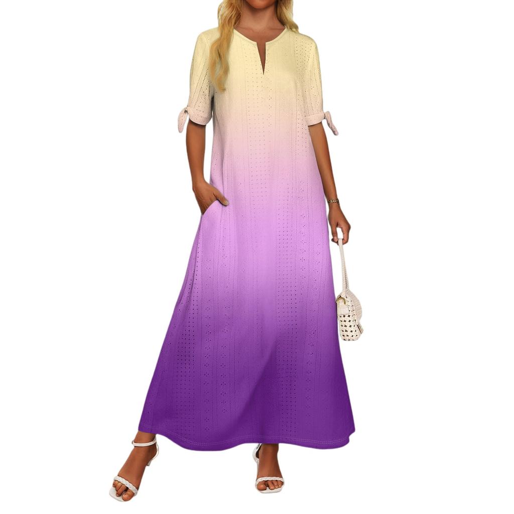 Ladies Casual Fashion Temperament Elegant Waist Gradient Color Print Long Dress