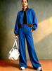 Women's 2026 Autumn Color Block Suit: Short Zip-Up Baseball Collar Jacket & High-Waisted Wide-Leg Pants with Side Stripes