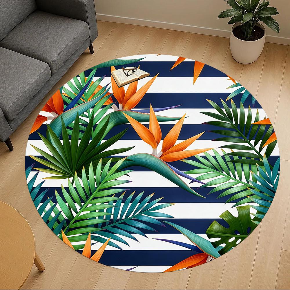 1pc Tropical Leaves Stripes Round Chair mat office Area Rug - Non-Slip, Floor Mat for Office, Bedroom, and Indoor Decor p127183