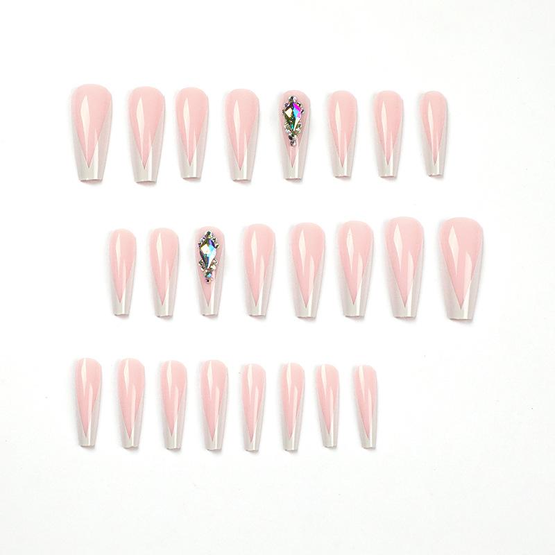 Nail sticker Removable nail piece Wearing nail, French white edge bare powder rhinestone nail patch Nail piece nails