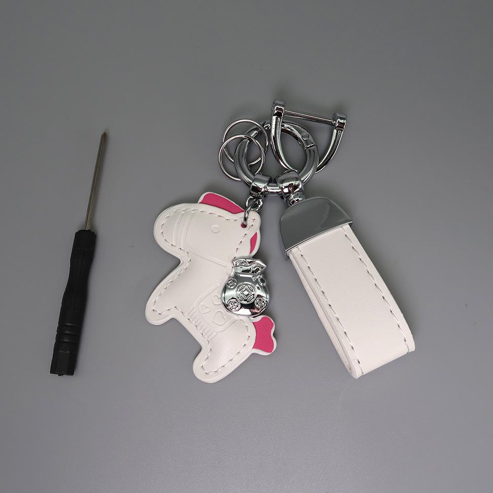 Instant Wealth Leather Keychain with Cartoon Pony Pendant for Couples – Trendy Bag and Car Accessory