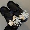 Pearl Bow & Polka Dot Shoe Charms Set, Elegant Black & White Floral Decorations with Rhinestone, Luxury Shoe Accessories