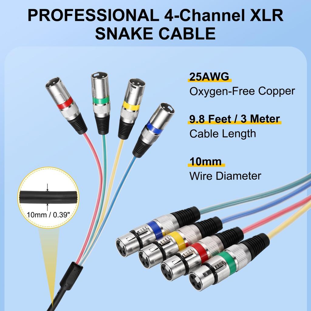Uxcell 1pc 4-Channel XLR Snake Cable, 4 Colors, XLR Male-Female Microphone Cable, 4-Way Microphone Patch Cord, Balanced Connection, for Stage,