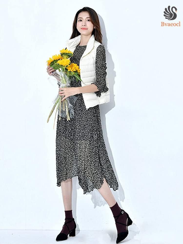 Bvaeocl Down Inner Down Vest with Includes Storage BV50 Women's Vest, Stand-Up Collar, Lightweight, Warm, Ultralight, Bag, (L, White)