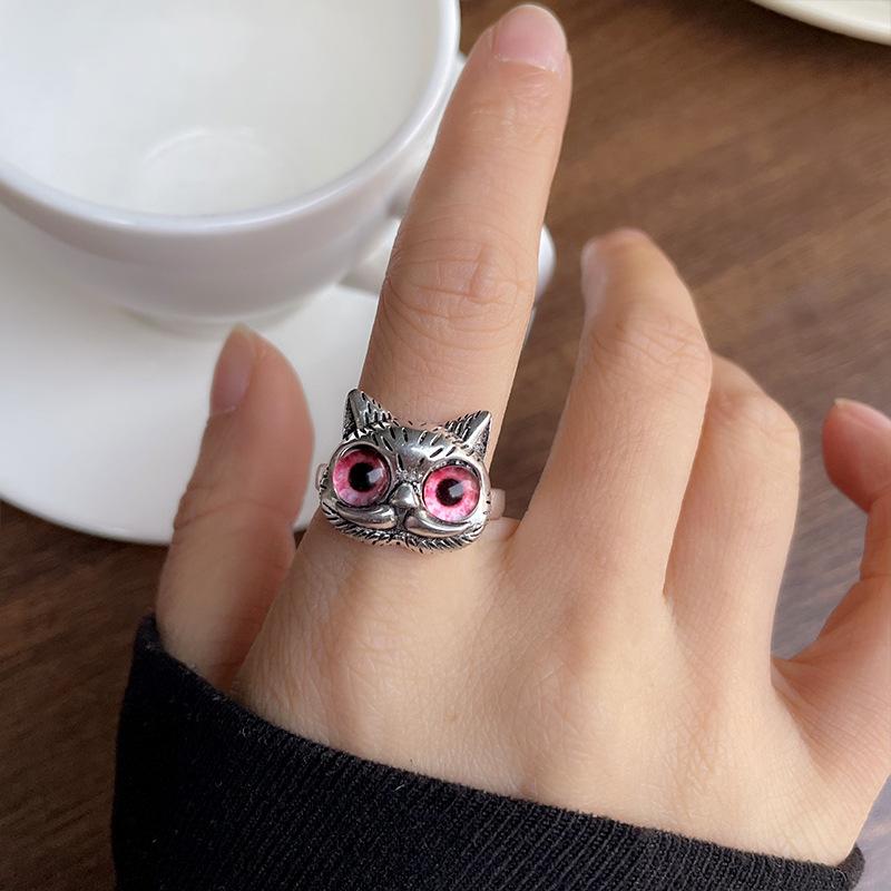 Cute Retro Thai Silver Cat Rings Fashion Cat Owl Eye Opening Adjustable Ring for Women Men Trendy Statement  Accessories