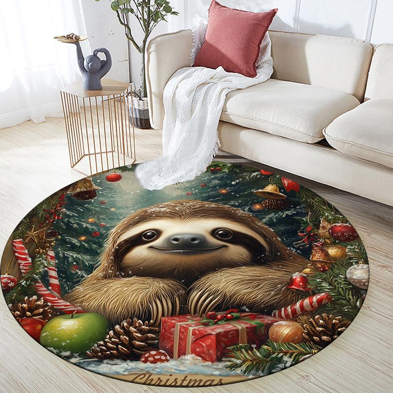 Christmas Sloth Pattern Round rug,Carpet Rug for Living Room Bedroom Playroom ,Non-slip Floor Mat,Holiday Gifts and Birthday Gifts.