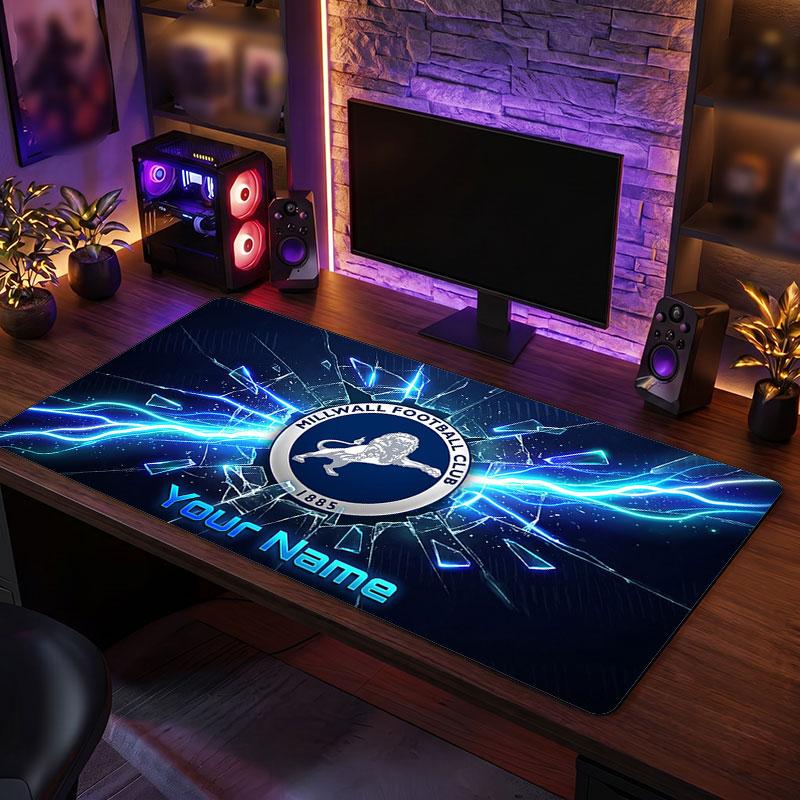 Millwall FC Custom Large Mouse Pad, Personalized Name Text Print, Football Logo Non‑Slip Desk Mat Gaming Gift