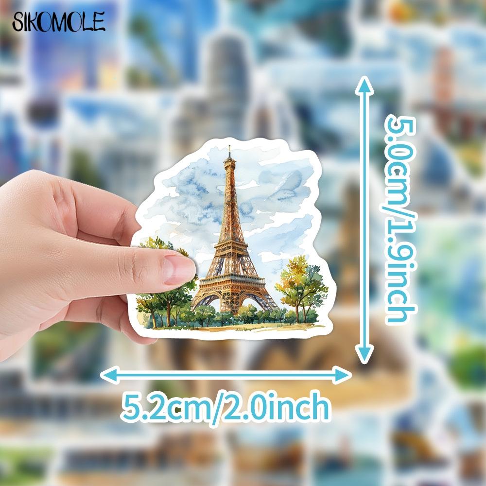 10 30 50PCS Cartoon Watercolor Famous Buildings Stickers Aesthetic DIY Decoration Toy Travel Luggage Decal Graffiti Sticker Pack