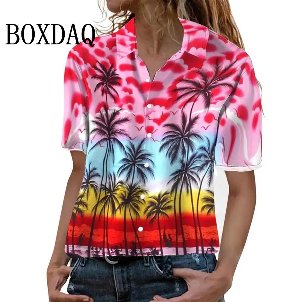 

Summer Fashion Women s Blouse Artistic Hawaiian Palm Tree Print Short Sleeve Lapel Casual Button Shirt Tops Women Hawaiian Shirt L