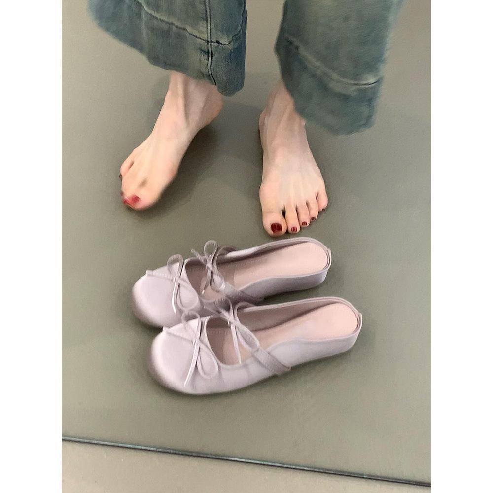 Inner height increase~ 2025 soft-soled bag head sandals bow word with satin round head half slippers women