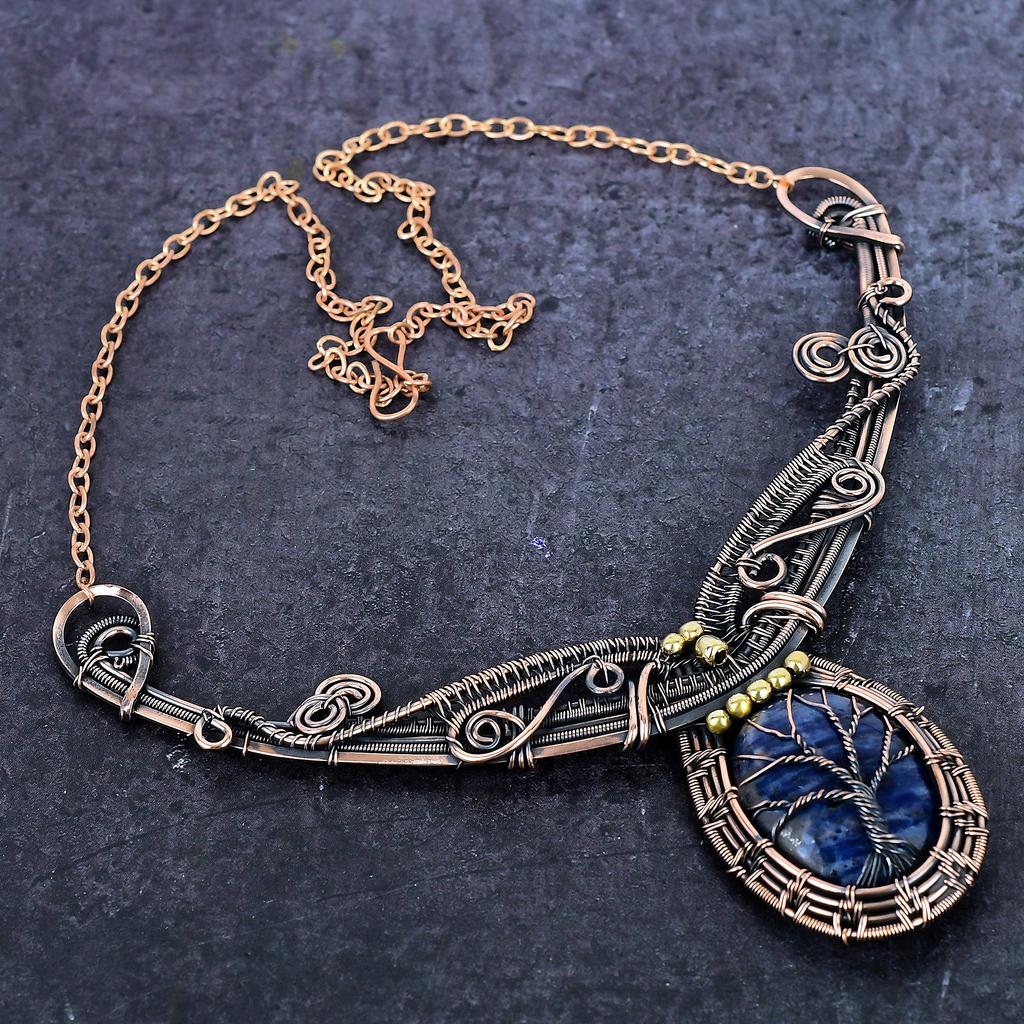 Sodalite Gemstone Handmade Copper Wire Wrap Jewelry Necklace 18" ET-4948