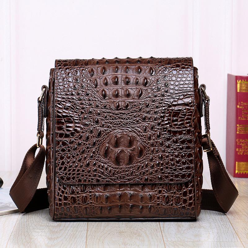 Crocodile-patterned Leather Men's Single-shoulder Bag, Men's Business Casual Vertical Crossbody Bag, Leather Messenger Bag