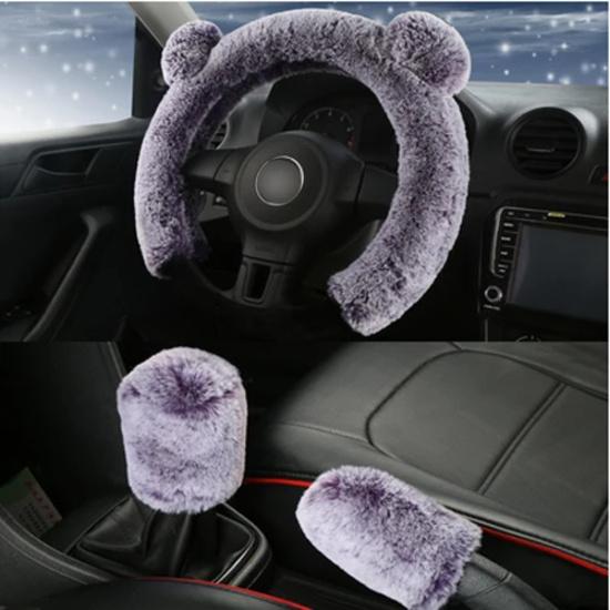 New 3Pcs Winter Plush Fur Car Steering Wheel Cover Hand Brake Handbrake Cover Gear Knob Cover Fluffy Soft Grab cute Styling