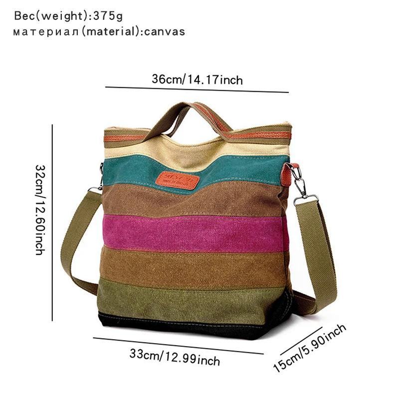 Hot Sell Women's Large Capacity Canvas Handbags Fashion Female Shoulder Bag New Rainbow Stripes Patchwork Crossbody Bag