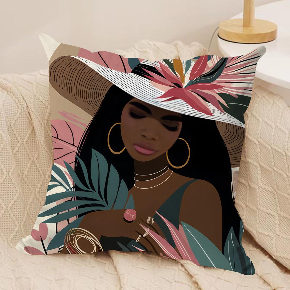 African Black Girls Fashion Cushion Cover Silky Short Plush Invisible Zipper Dustproof Sofa Pillow Case for Home Decor