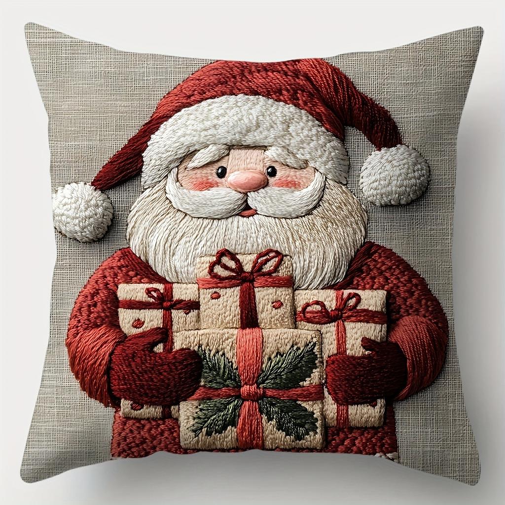 Christmas Pillowcase, Cute Cartoon Imitation Embroidery Linen Print Sofa Pillow Cover, Festival Decoration, Festival Gift (Pillow Insert Not Included)