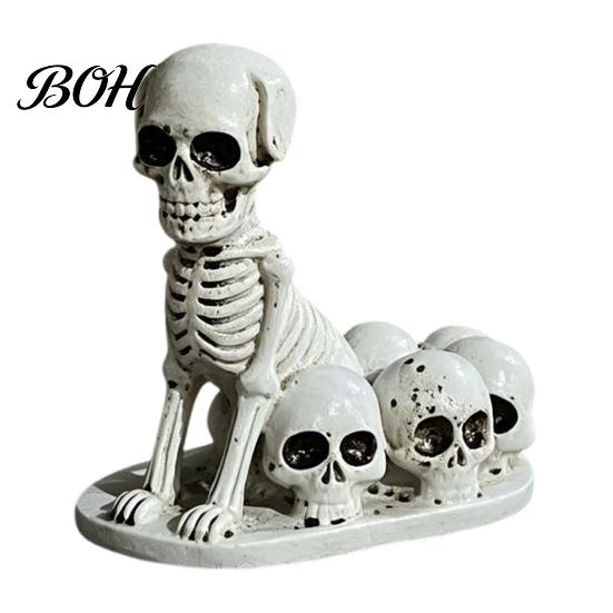Realistic Carving Skeleton Animal Halloween Dog/Cat Skull Figurine, Resin Gothic Statue Decorative Figurine Set for Desk Fireplace, Spooky Home