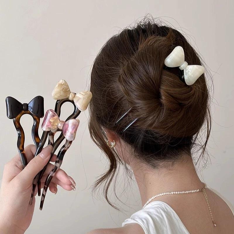 

Summer Retro Bow Acetate U-shaped Hairpin Women s High Grade Hairpin Hairpin with Ball Head Hair Accessories