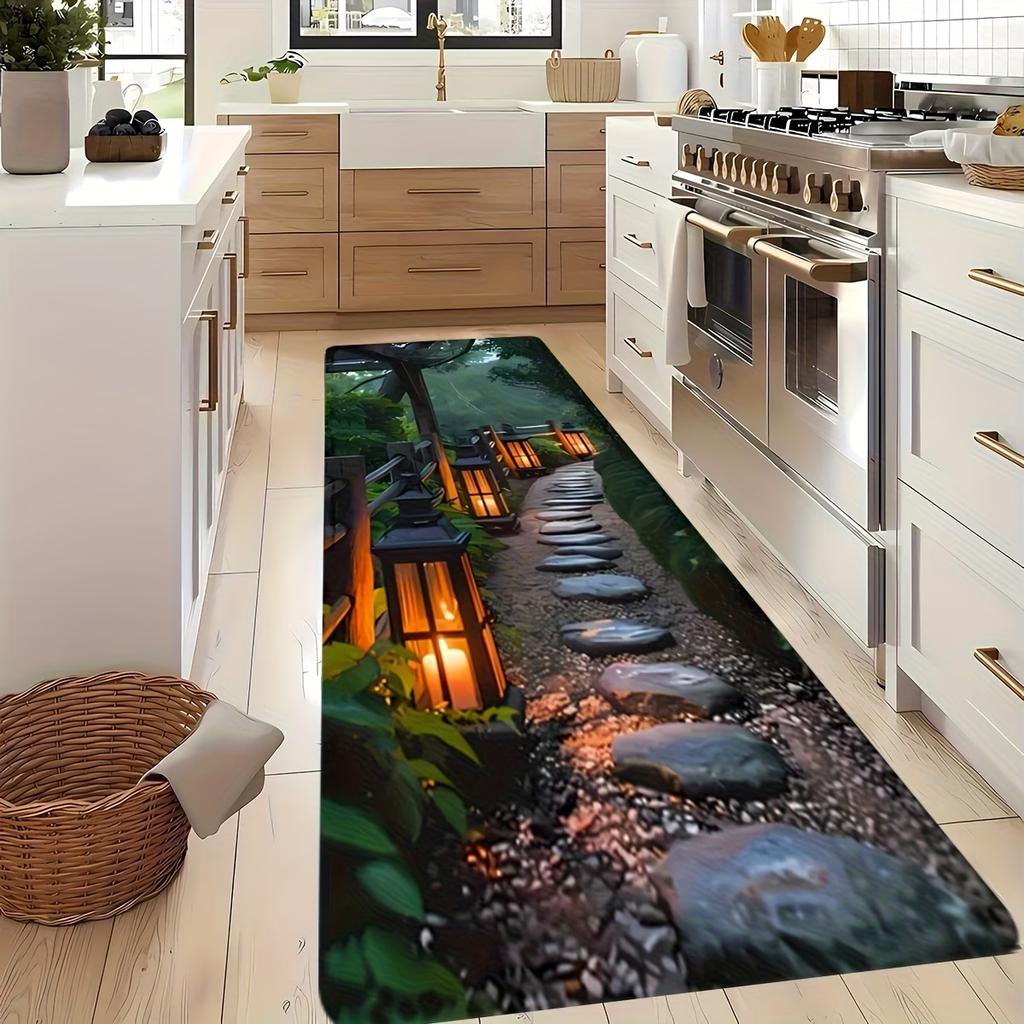 2D Nature Landscape Runner Rug Waterfall Koi Pond Hallway Carpet Non Slip Long Floor Mat for Kitchen Entryway Home Decor