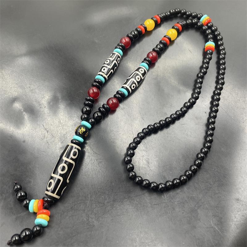 Green Nine-Eyed Dzi Agate Sweater Chain Necklace