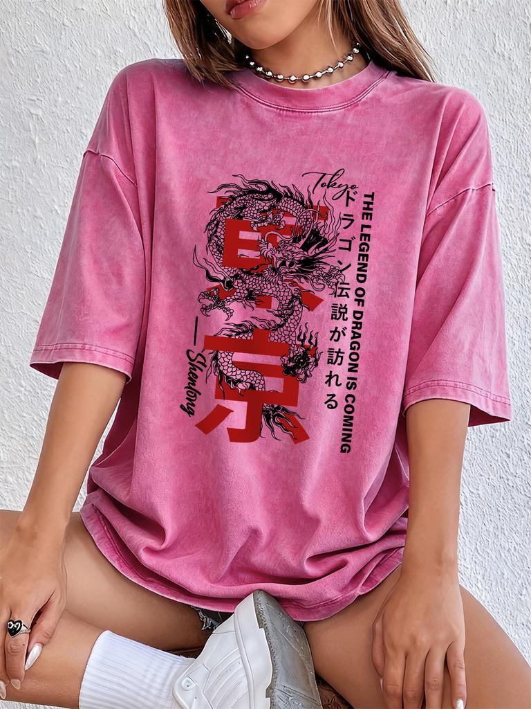 Tokyo Legend Of Dragon Cotton Washed TShirts Womens Summer Casual Oversized T Shirts Comfortable Distressed ONeck Streetwear