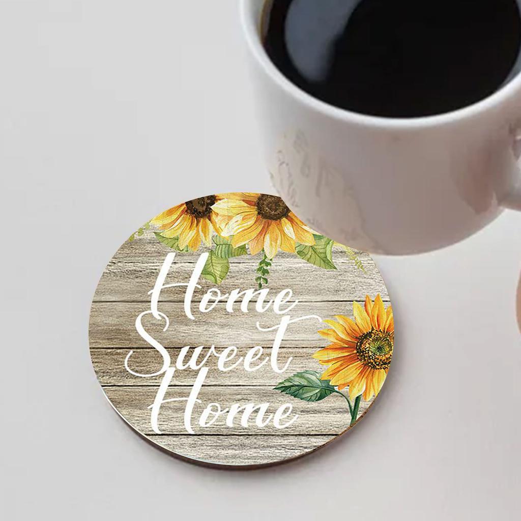 Christmas 6 Pieces Vintage Sunflower Drink With Holder Absorbent Sunflower Wood Drink Thank You Gifts Plates Mats Table Round