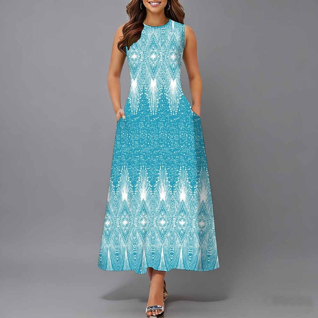 Ladies Plus Size Sleeveless Crew Neck Dress Delicate Mini Floral Flowy Mid Length Gown