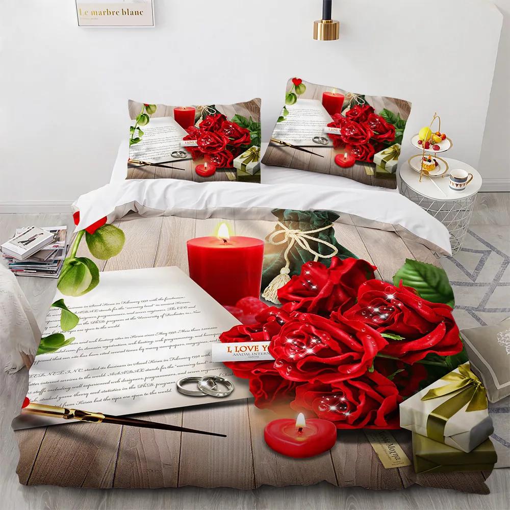 Wedding Theme Rose Bedding Chinese Wholesale Home Textile Quilt Bad Cover Set Marry Decoration Bedclothes Hd 5D Red Rose Flower